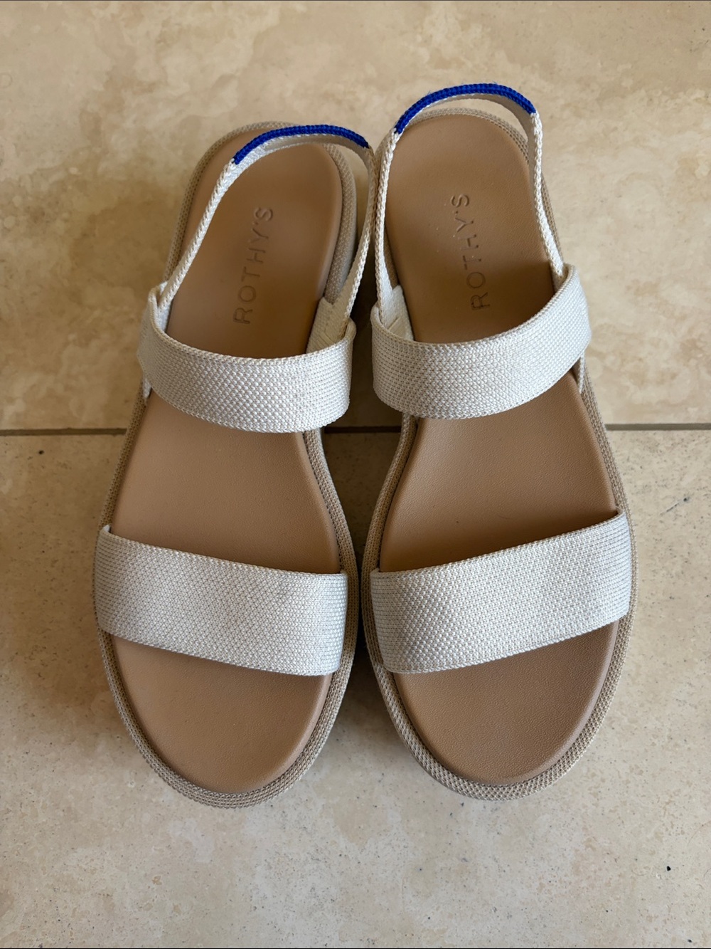 Rothy's Cream Double-Strap Slide Sandals with Blue Trim